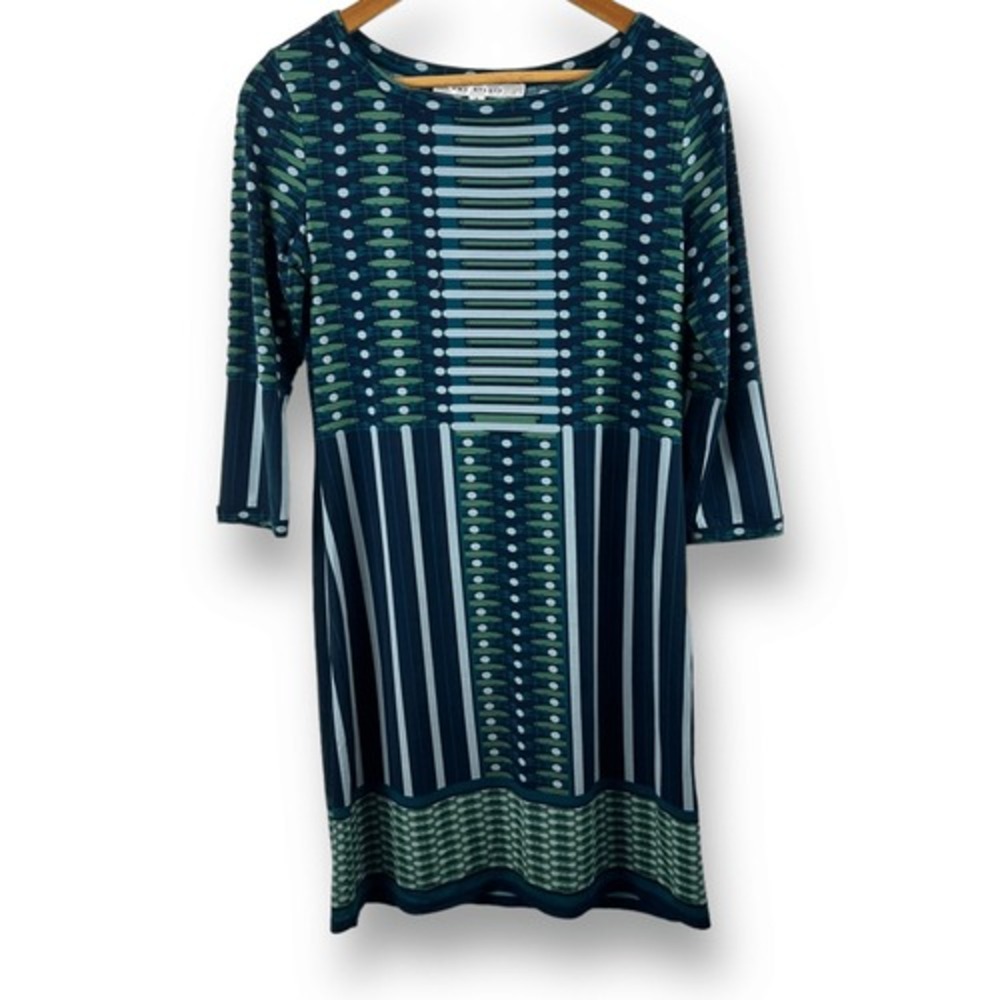 Max Studio Womens Teal Green Geometric Print 3/4 Sleeve Shift Dress Small